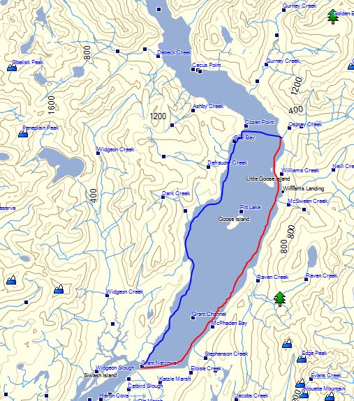 A map of Pitt Lake, British Columbia, with kayak routes traced in red and blue