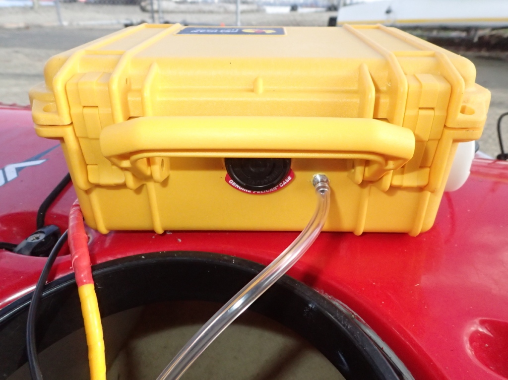 Showing the battery box for an electric bilge pump for a sea kayak, connected and ready to run.