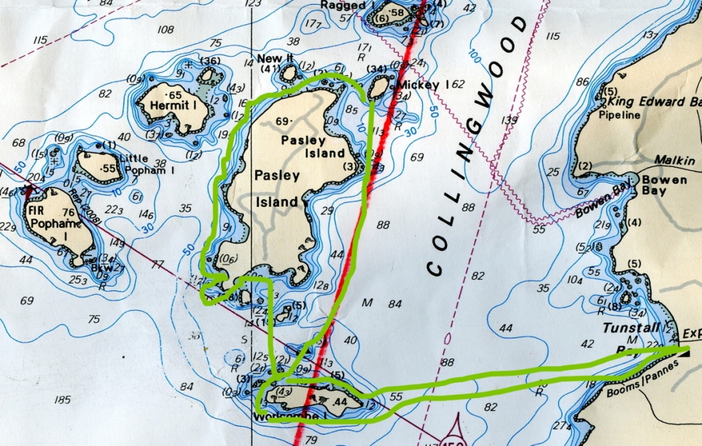 a chart of Bowen Island and the Pasley Islands in Howe Sound, British Columbia, showing the route of our kayak daytrip